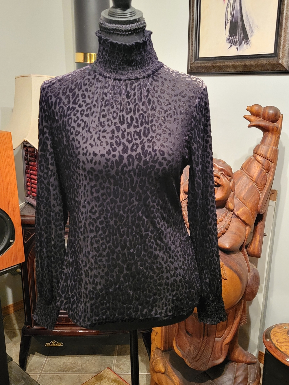 White House Black Market Black/Purple Leopard-Print Turtleneck Long Sleeve Top